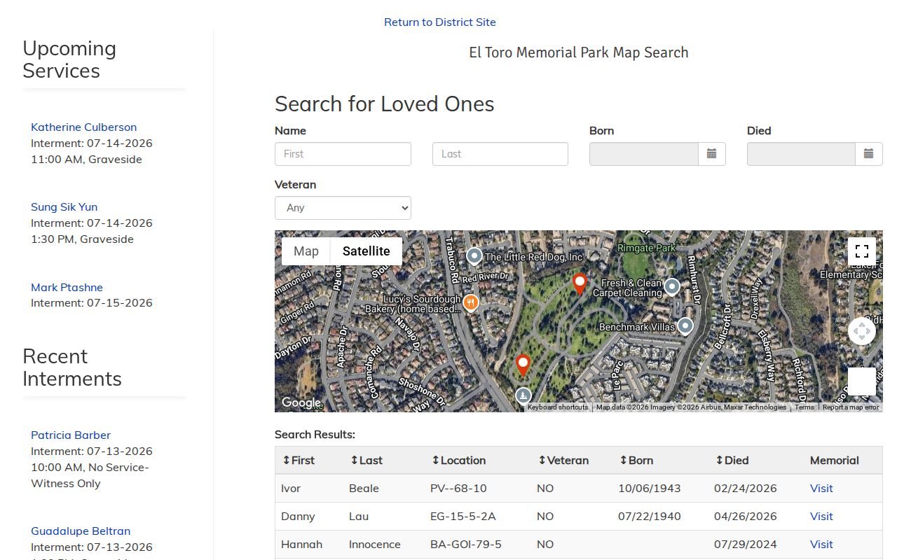 Lake Forest people search in the El Toro Memorial Park gravesite directory