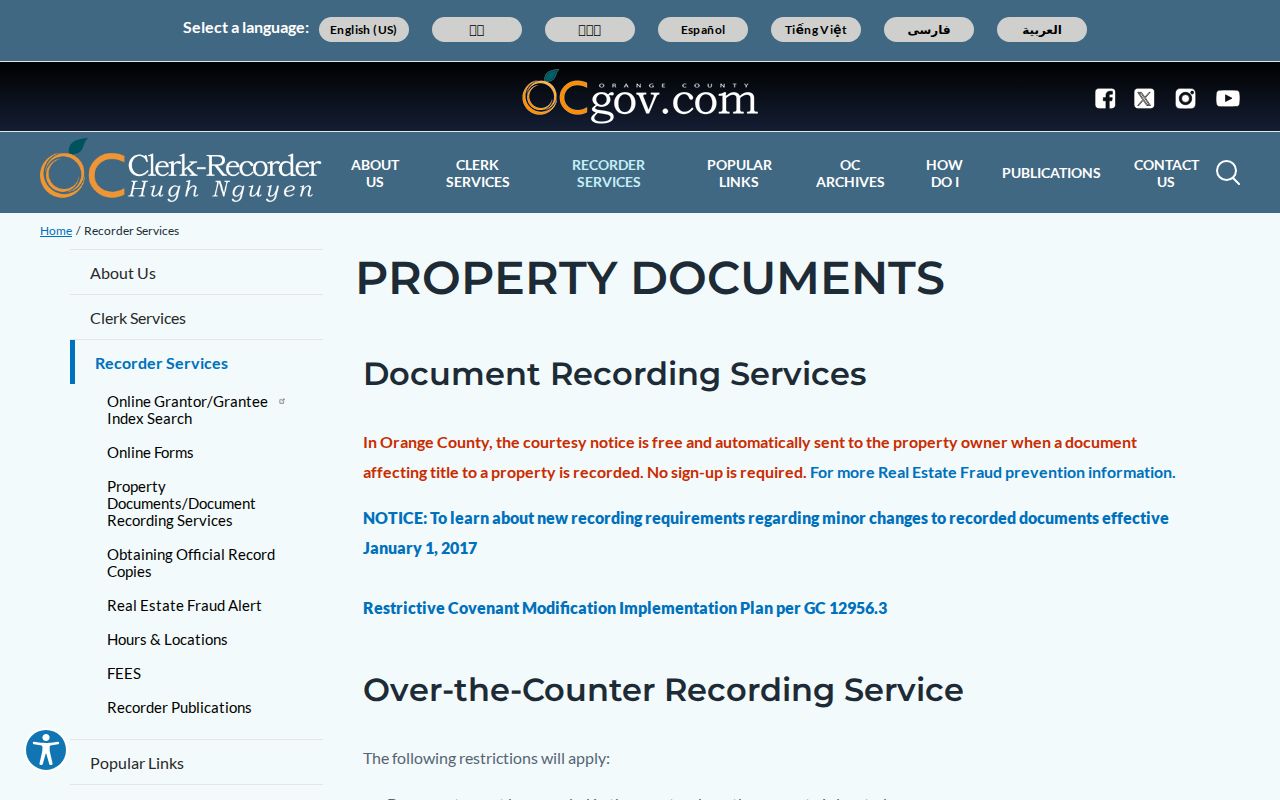 Lake Forest public records property document services from Orange County Clerk-Recorder