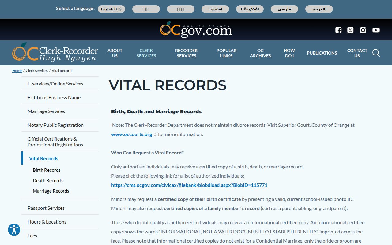 Lake Forest public records ordering options for Orange County vital certificates