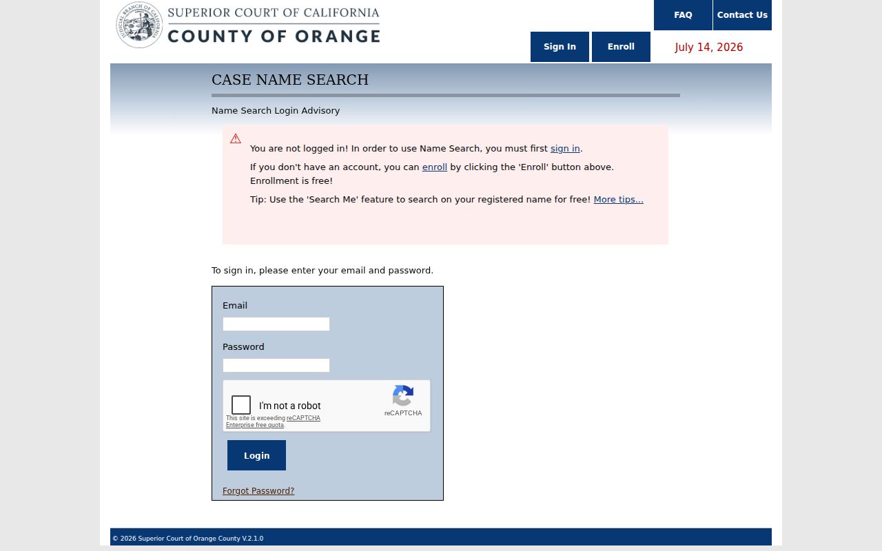 Lake Forest public records access through Orange County court name search login