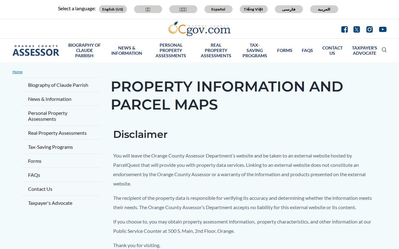 Lake Forest public records parcel information page for Orange County Assessor access